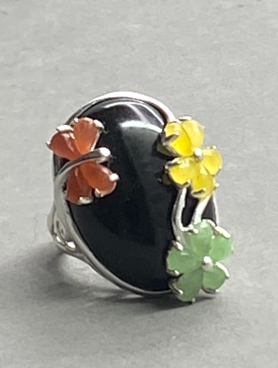 925 Sterling Silver Ring Onyx Cabochon w/ Jade (?… - image 2