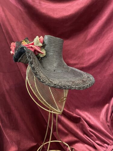 Antique Straw Hat  Victorian Tilt  Black Flower 40