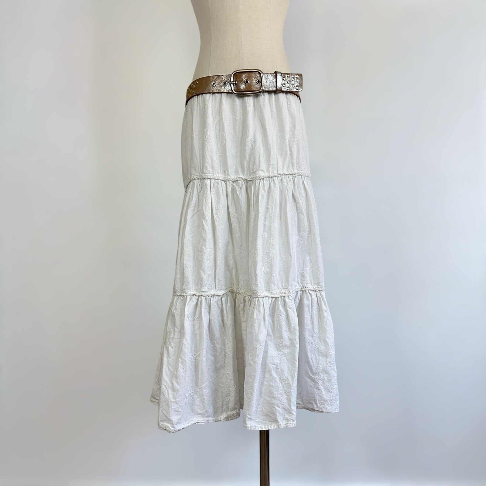 Vintage 90s Y2k White Tiered Maxi Skirt Boho Indi… - image 4