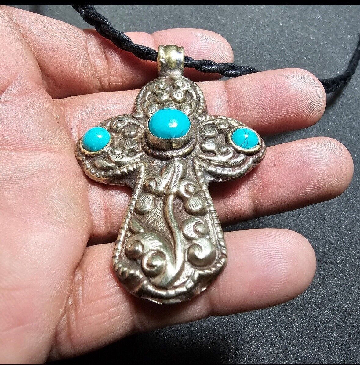 Southwestern Style Ornate Coin Silver And Turquoi… - image 2