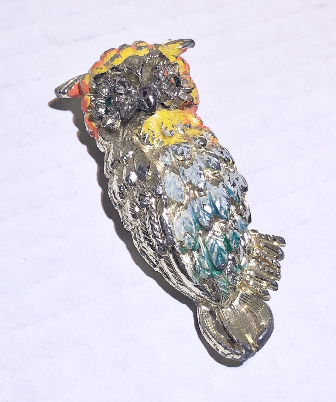 Vintage Owl Bird Enamel Rhinestone Brooch Pin - image 2