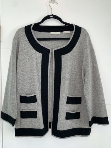 Neiman Marcus 100% Cashmere Grey Black Trim Cardi… - image 1