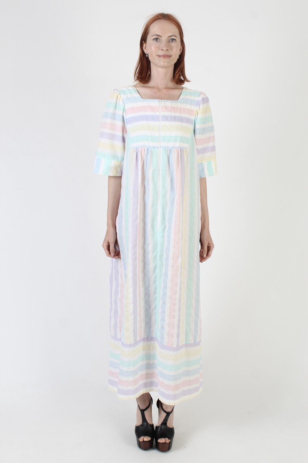 Vtg Zip Up Lounge Bell Slv Caftan Rainbow Pastel … - image 2