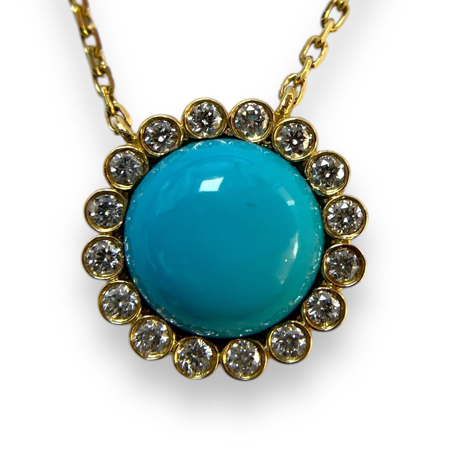 18K Yellow Gold Turquoise and Diamond Halo Neckla… - image 2