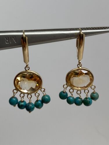 14K Yellow Gold Bezel Citrine and Turquoise Bead … - image 1