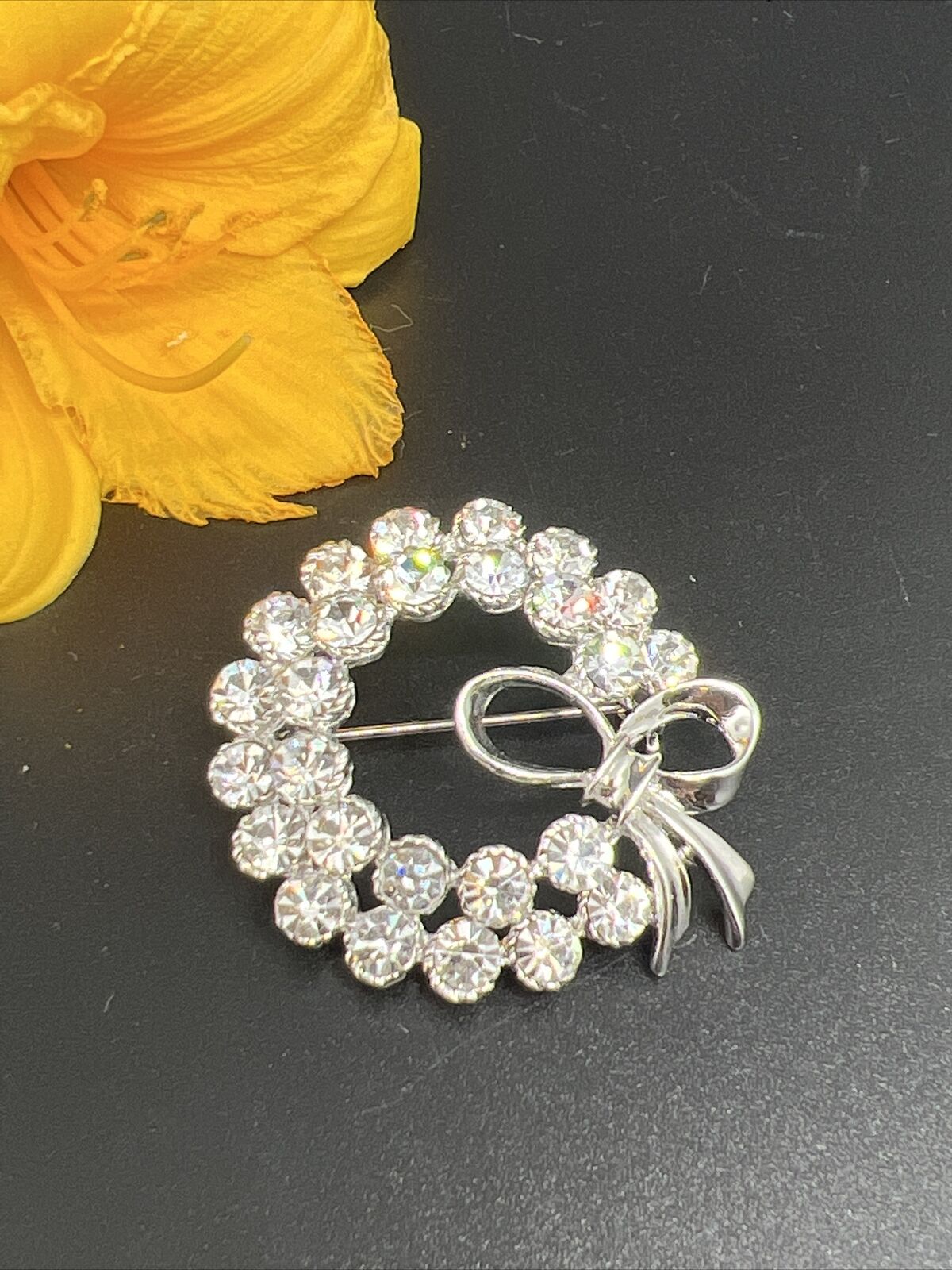 Vintage Bow Wreath Circle Silvertone & Clear Shin… - image 2