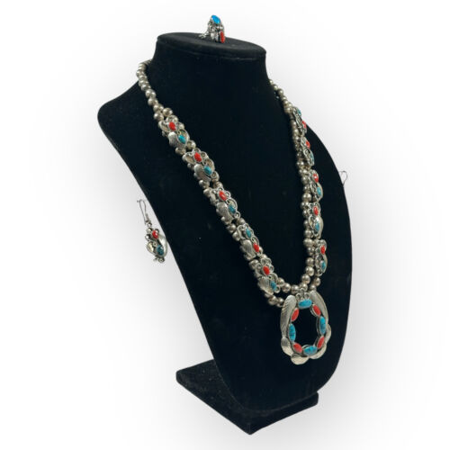 Turquoise + Coral Squash Blossom with Ring and Pa… - image 1