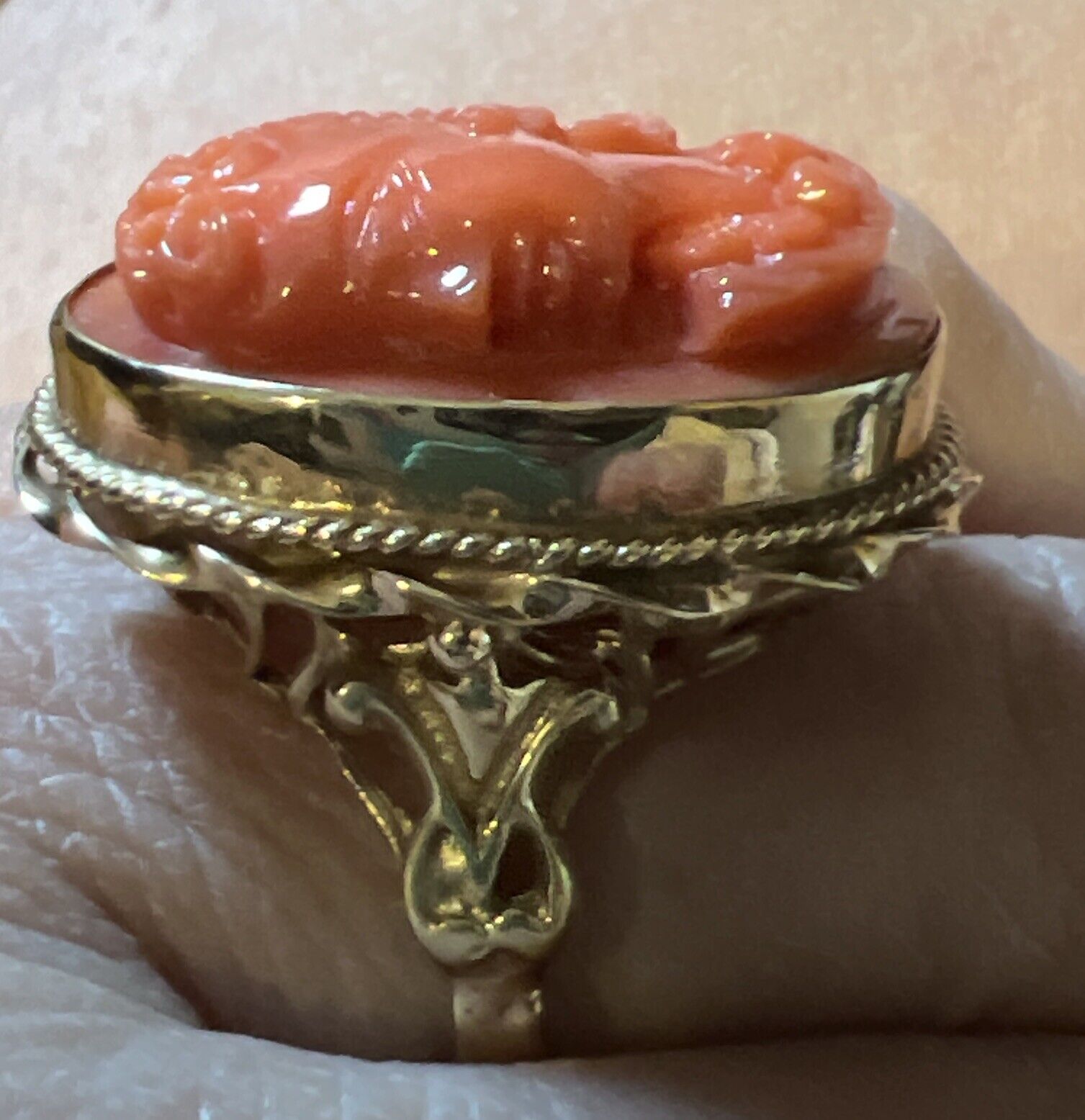 Large Estate Antique 14k Carved Salmon Coral Came… - image 11