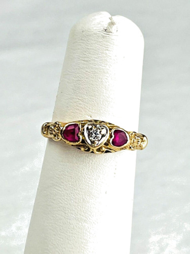 Vintage 14K Yellow Gold, Ruby and Diamond Hearts R