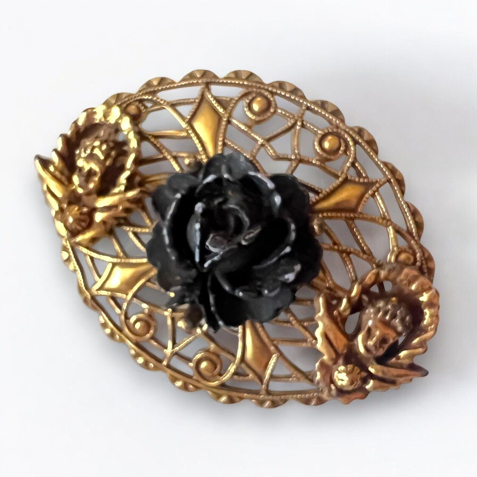 Carved Celluloid Rose Brooch Black Gold Tone Fili… - image 5