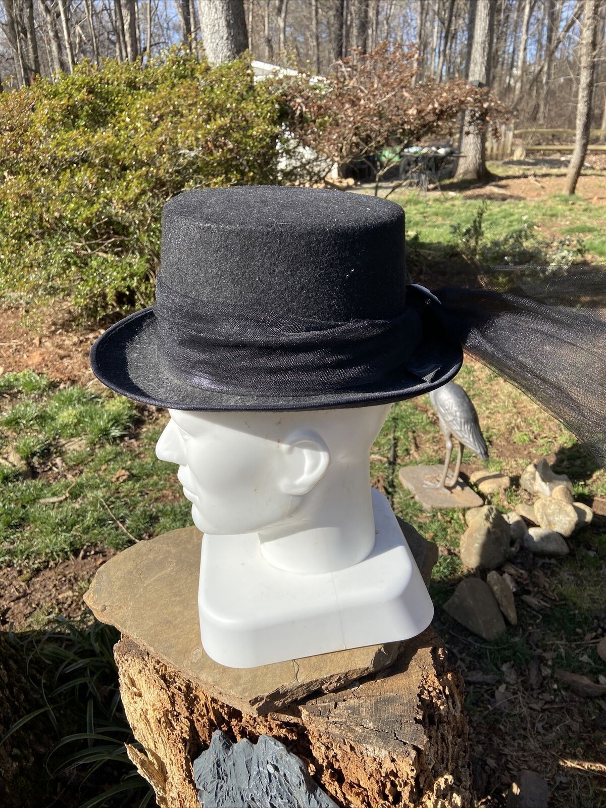 Old English Black Derby Hat With Netting And Came… - image 1