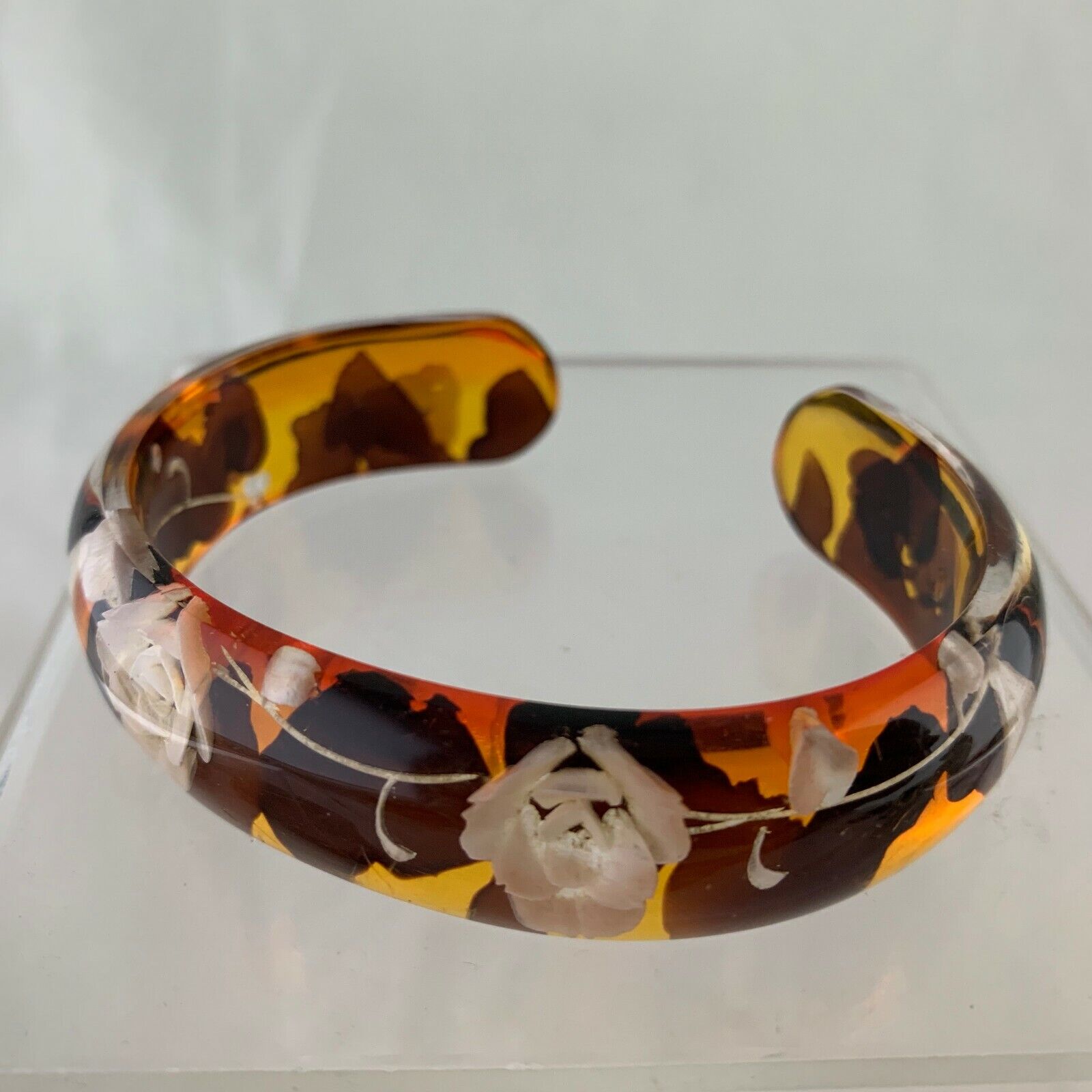 VINTAGE CELLULOID AMBER CARVED ROSE FLOWER CUFF B… - image 4