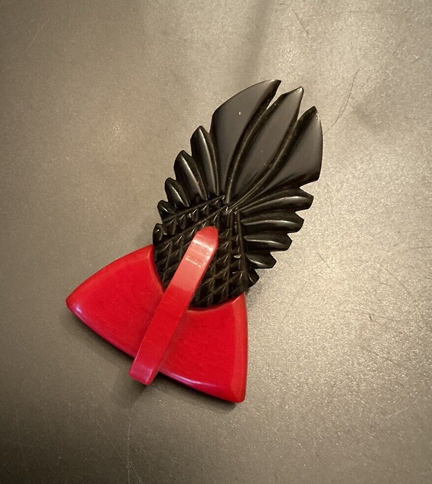 Vintage Red and Black Carved Bakelite Dress Clip - image 7