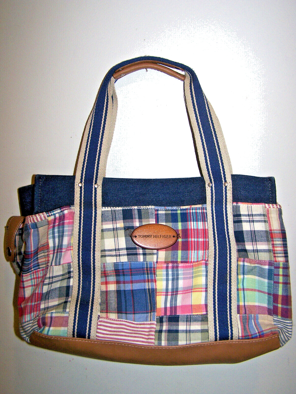 TOMMY HILFIGER NAVY BLUE PLAID TOTE HANDBAG - image 1