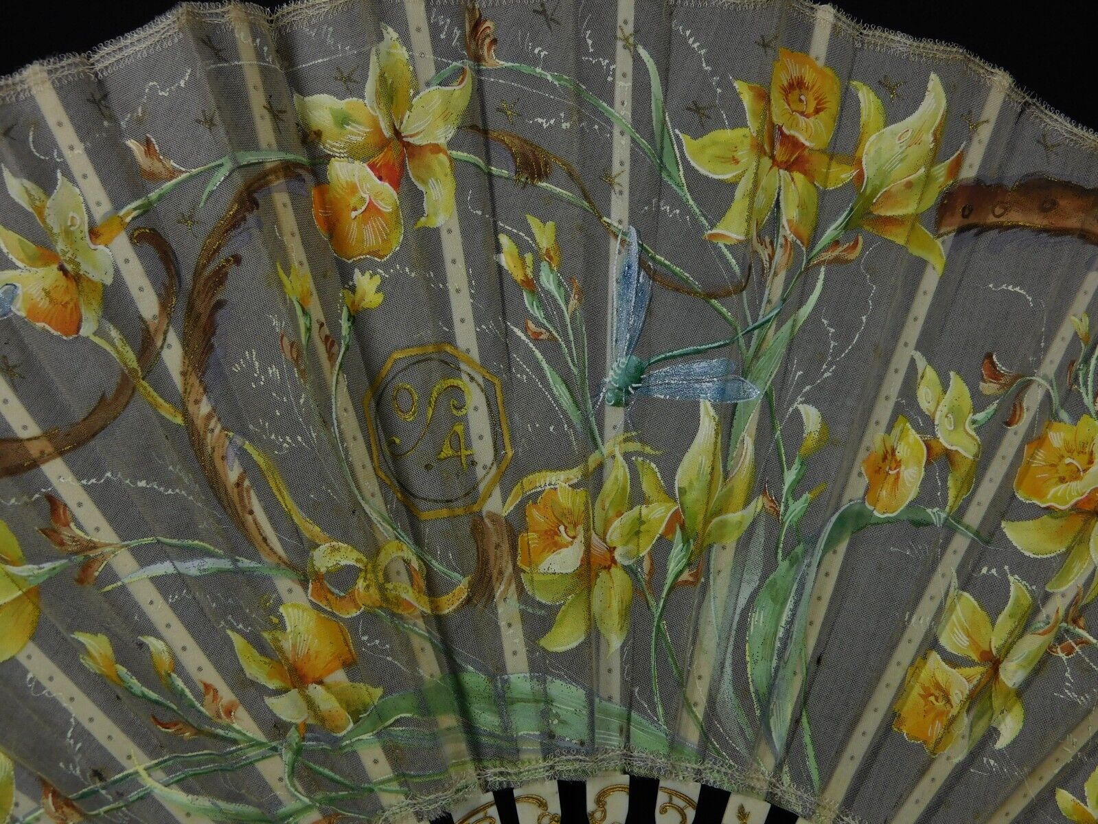 Antique French Hand Painted Voile Fan Daffodil & … - image 2