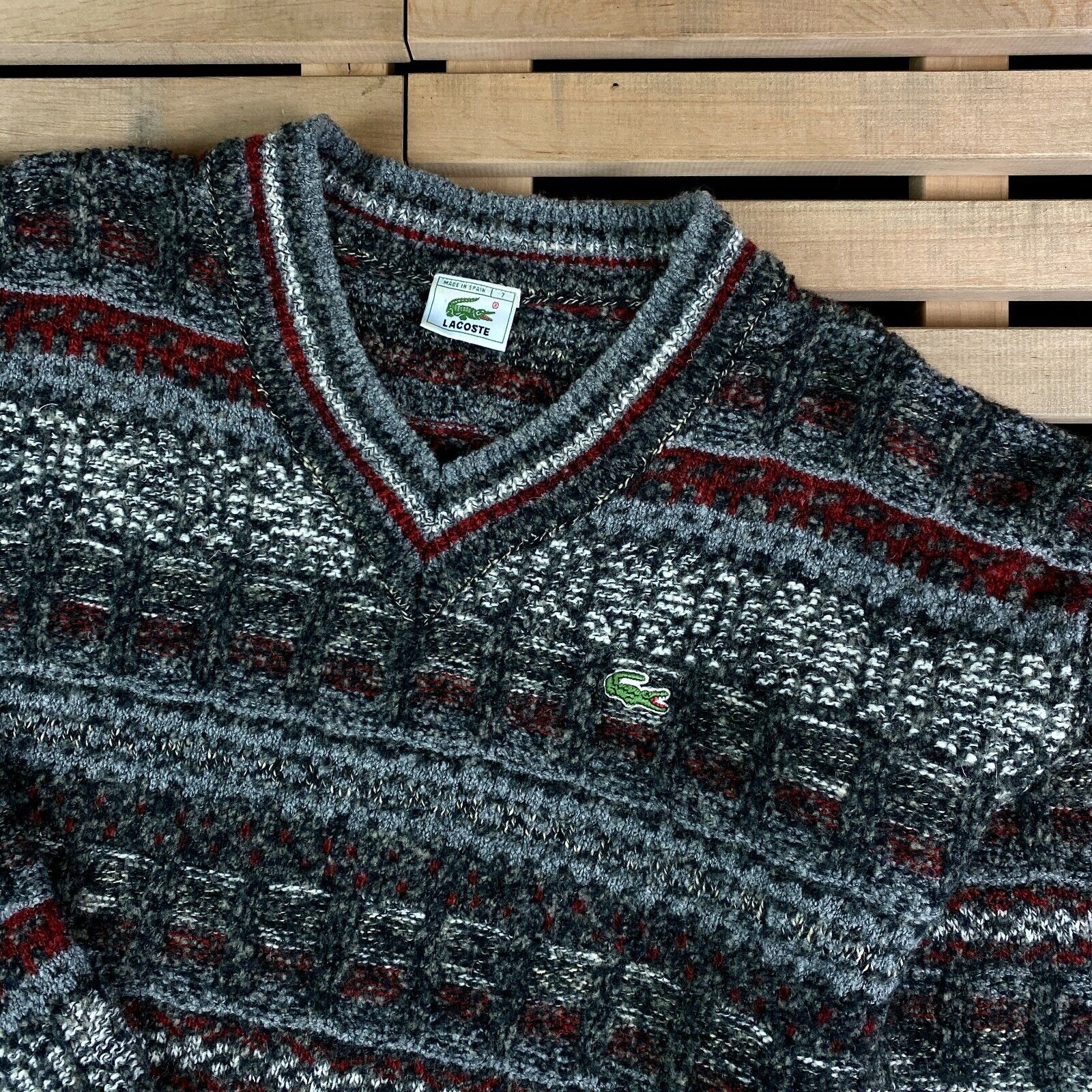 Mens Sweater Lacoste V Neck Multicolor Vintage Si… - image 2