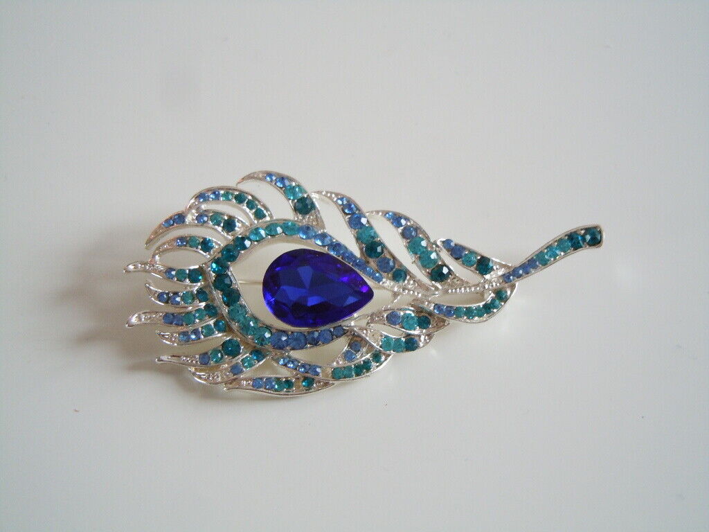 Brooch Rhinestone Blue Peacock Feather 16.9 g - image 2