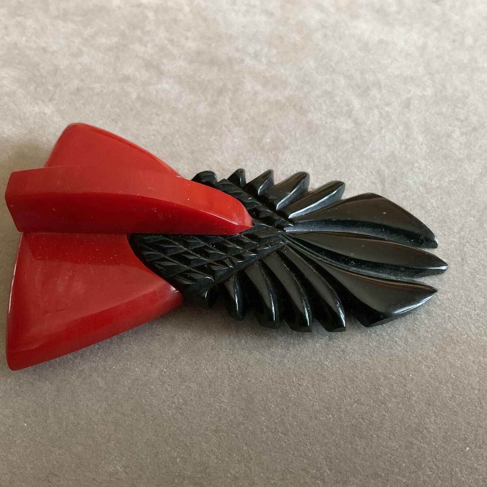 Vintage Red and Black Carved Bakelite Dress Clip - image 8