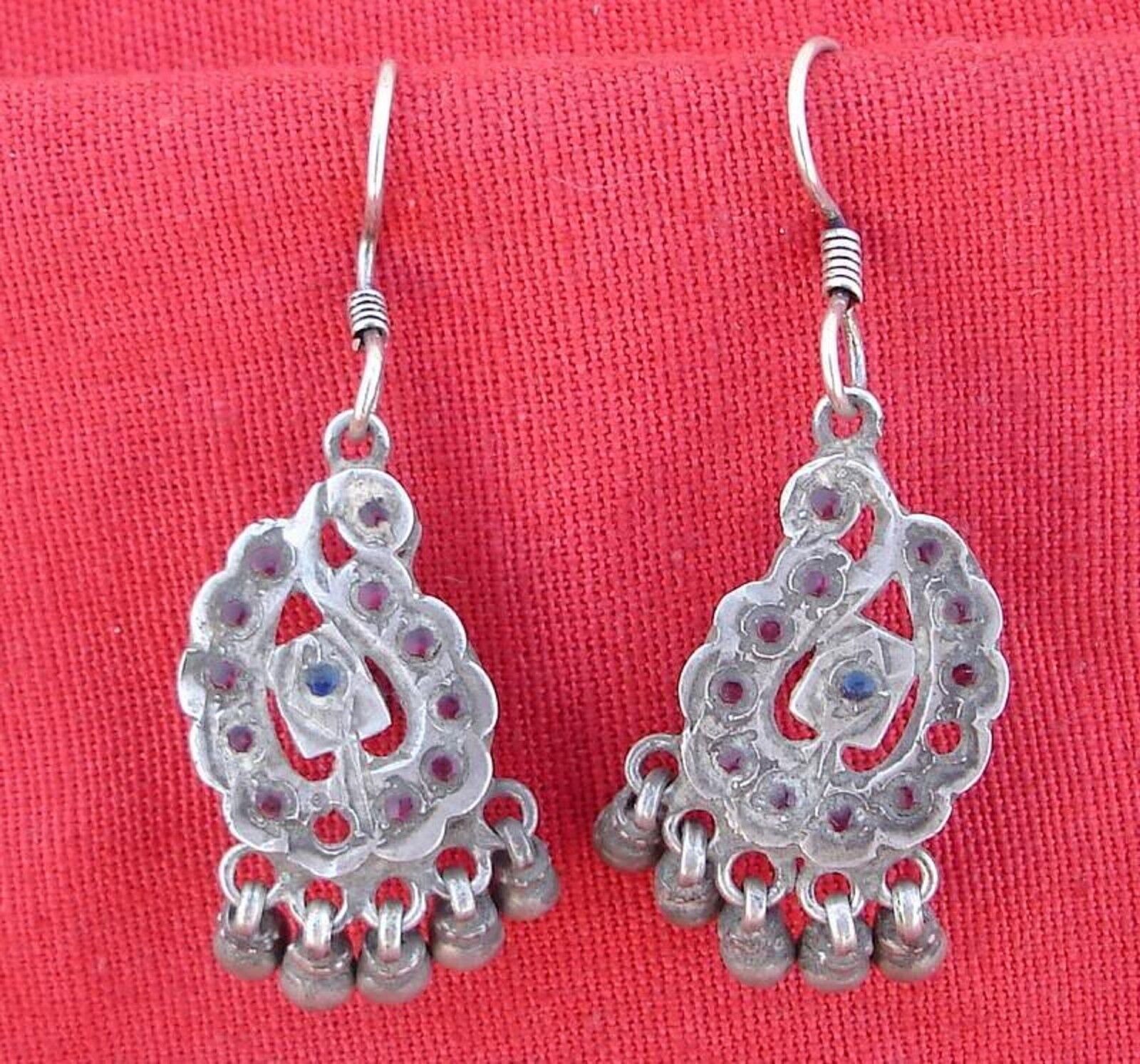 ANTIQUE TRIBAL OLD SILVER GLASS STONES EARRINGS P… - image 1