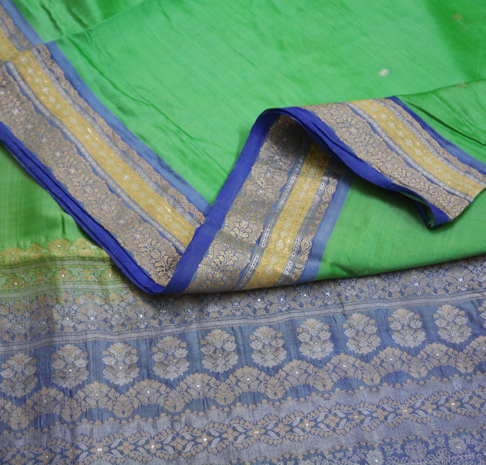 Vintage Heavy Saree Blue & Green Pure Silk Hand W… - image 5