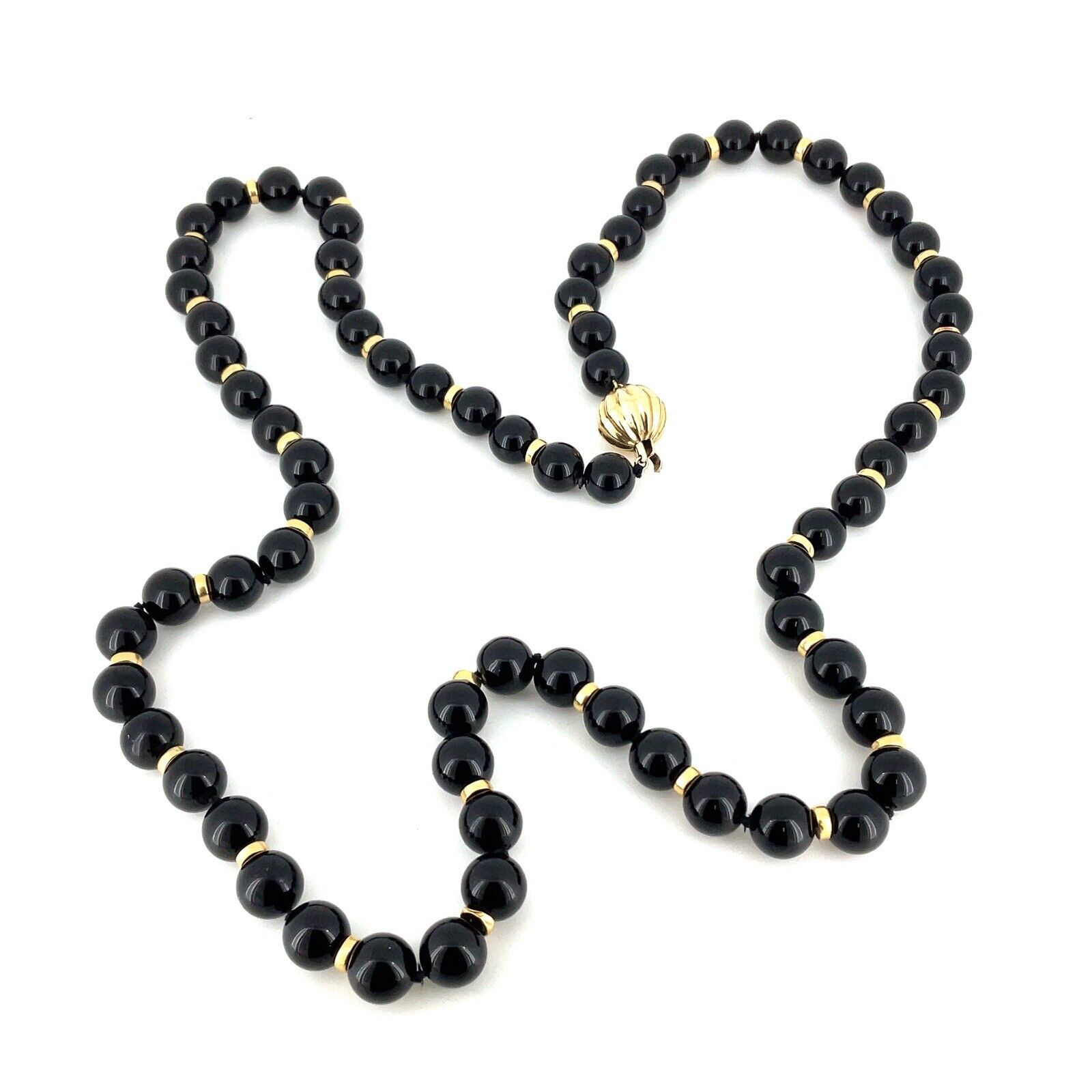 Long Black Onyx 14K Yellow Gold 10mm Bead Necklac… - image 3