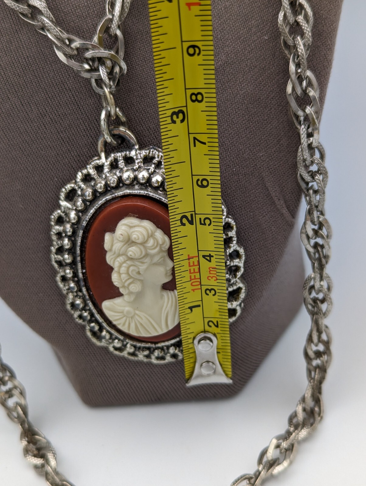 Vintage Cameo Large Chain Silver Tone Necklace - image 9