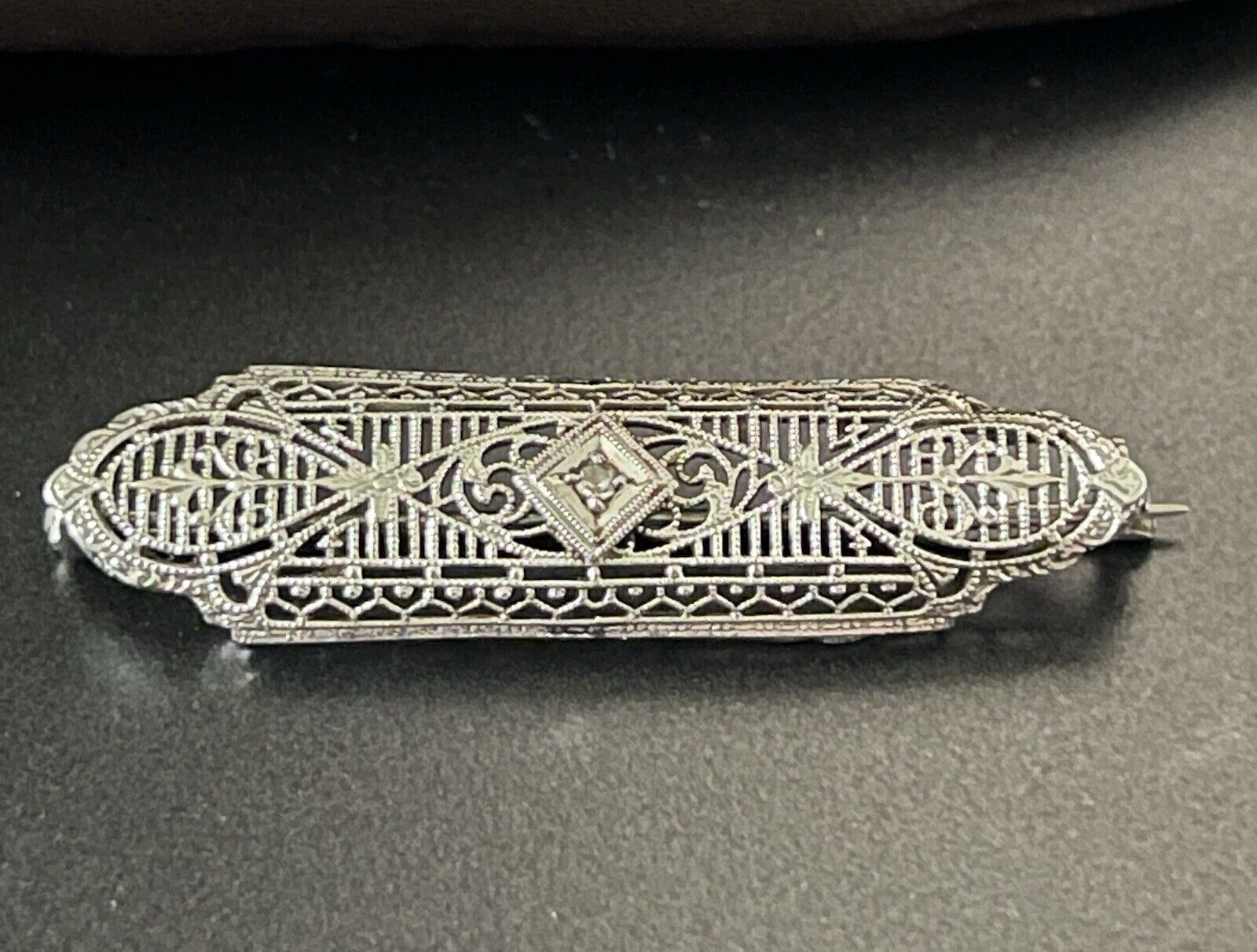 Antique White Gold Art Deco Brooch filigree bar W… - image 2