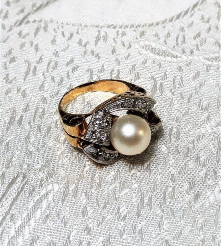 Retro 18K Yellow and White Gold 9.2mm Pearl Diamo… - image 1