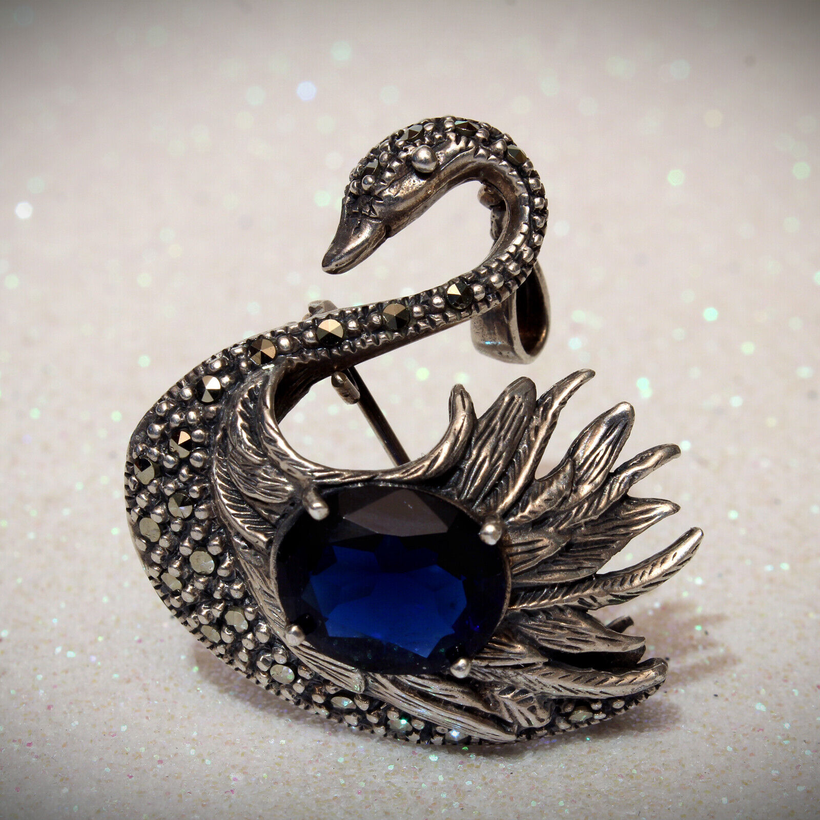 Vintage 925 Sterling Silver Marcasite SWAN 2 in 1… - image 3