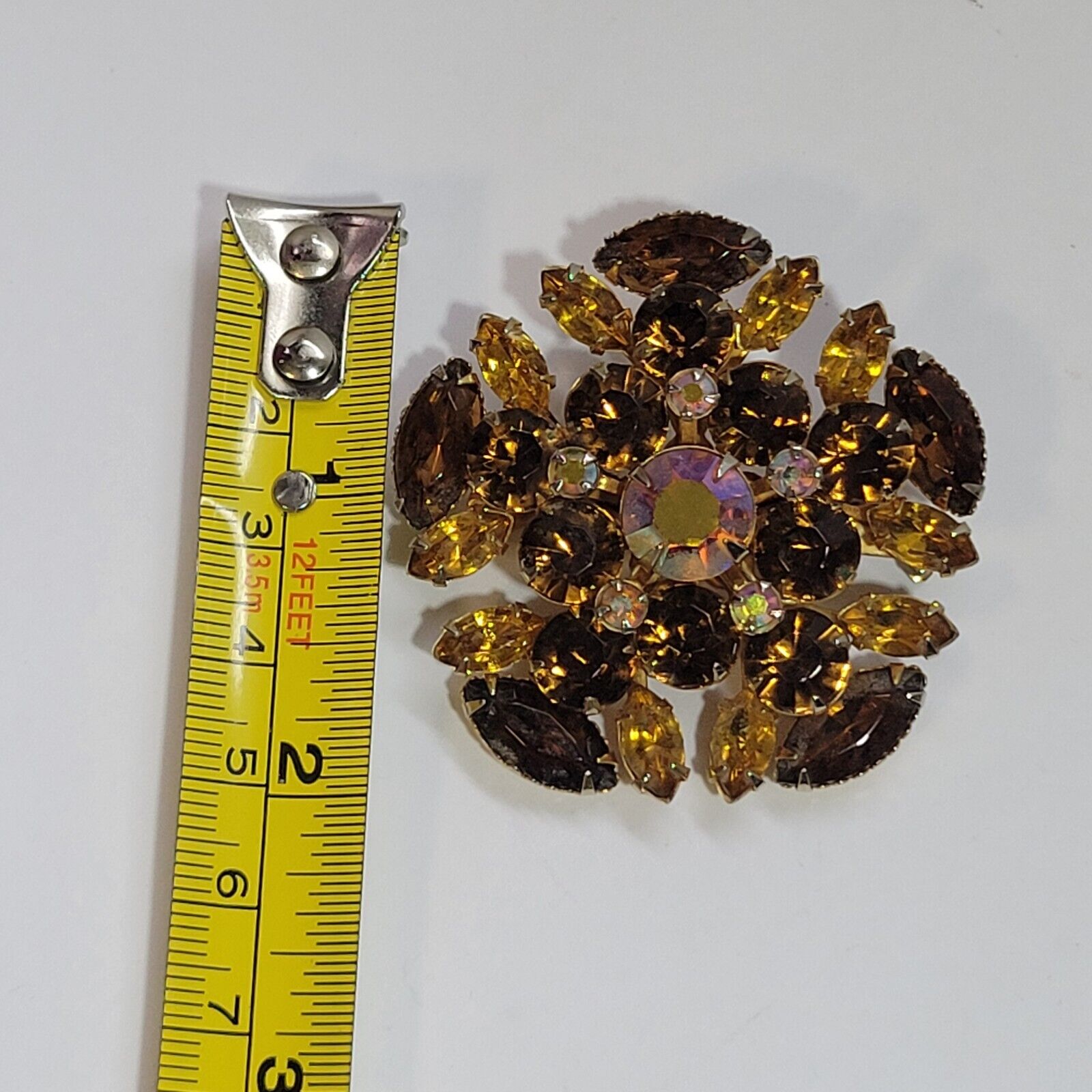 Vintage Root Beer Amber AB Rhinestone Flower Clus… - image 2