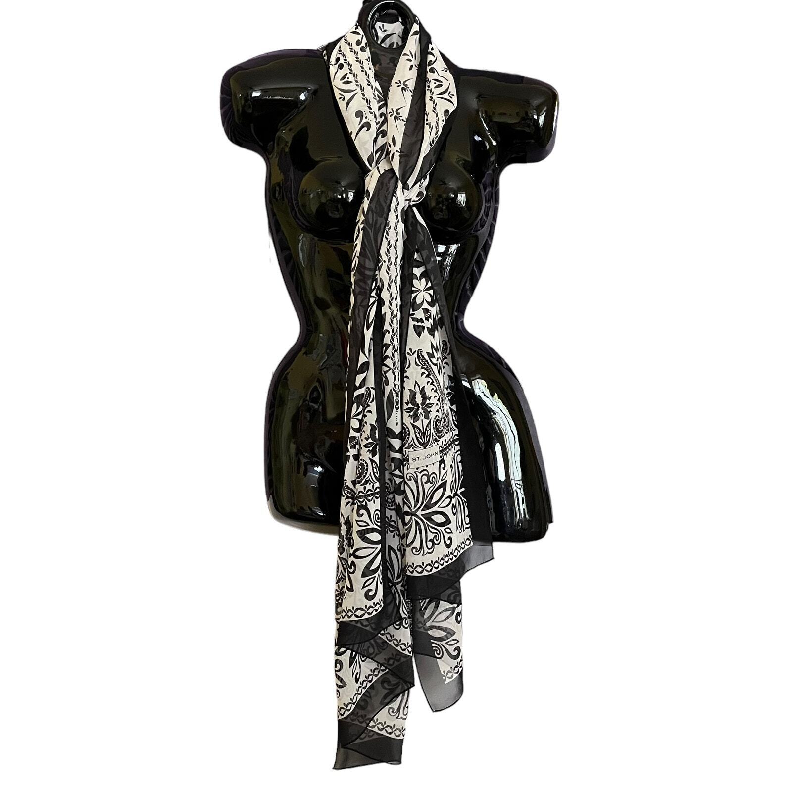 St John Silk Chiffon Black White Damask Print Lon… - image 1