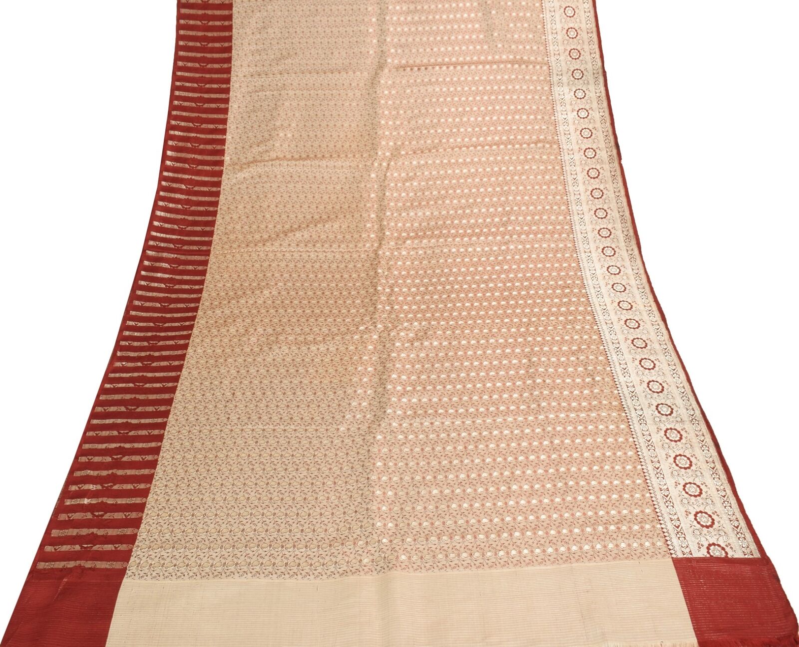 Sushila Vintage Heavy Saree Beige Maroon Pure Sat… - image 9