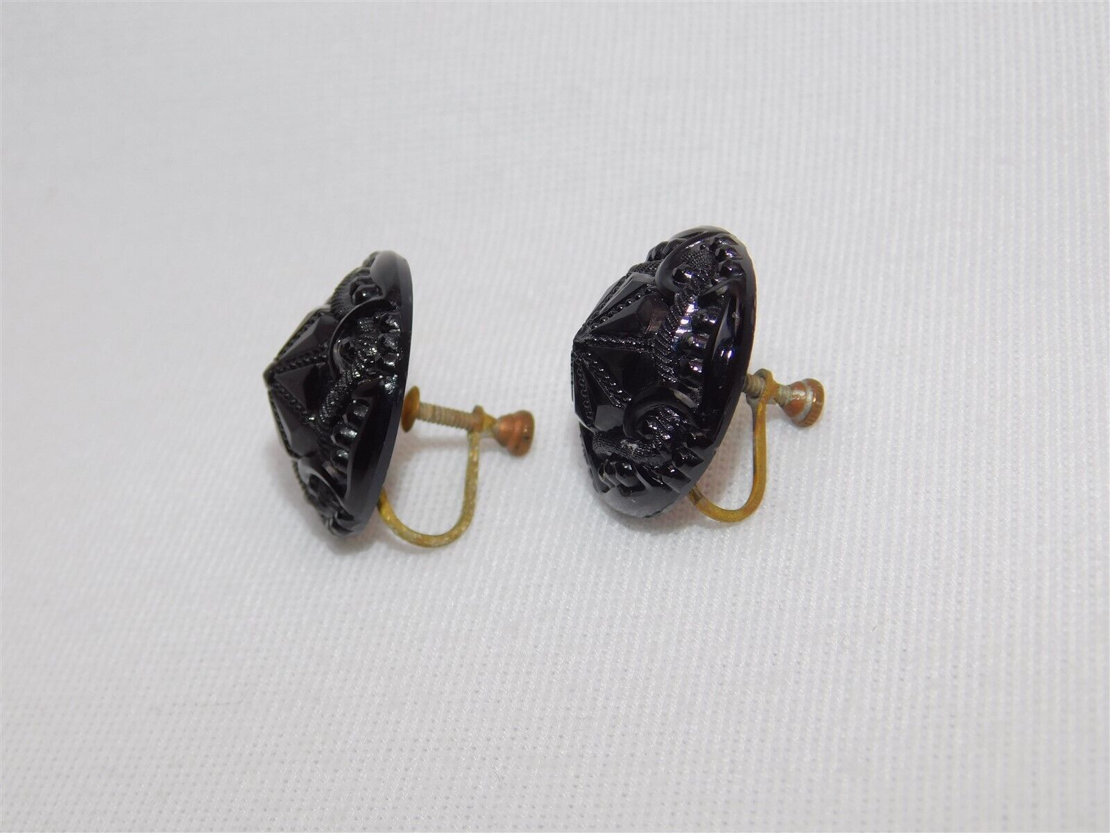 Antique Carved Black Glass French Jet Screw Back … - image 2