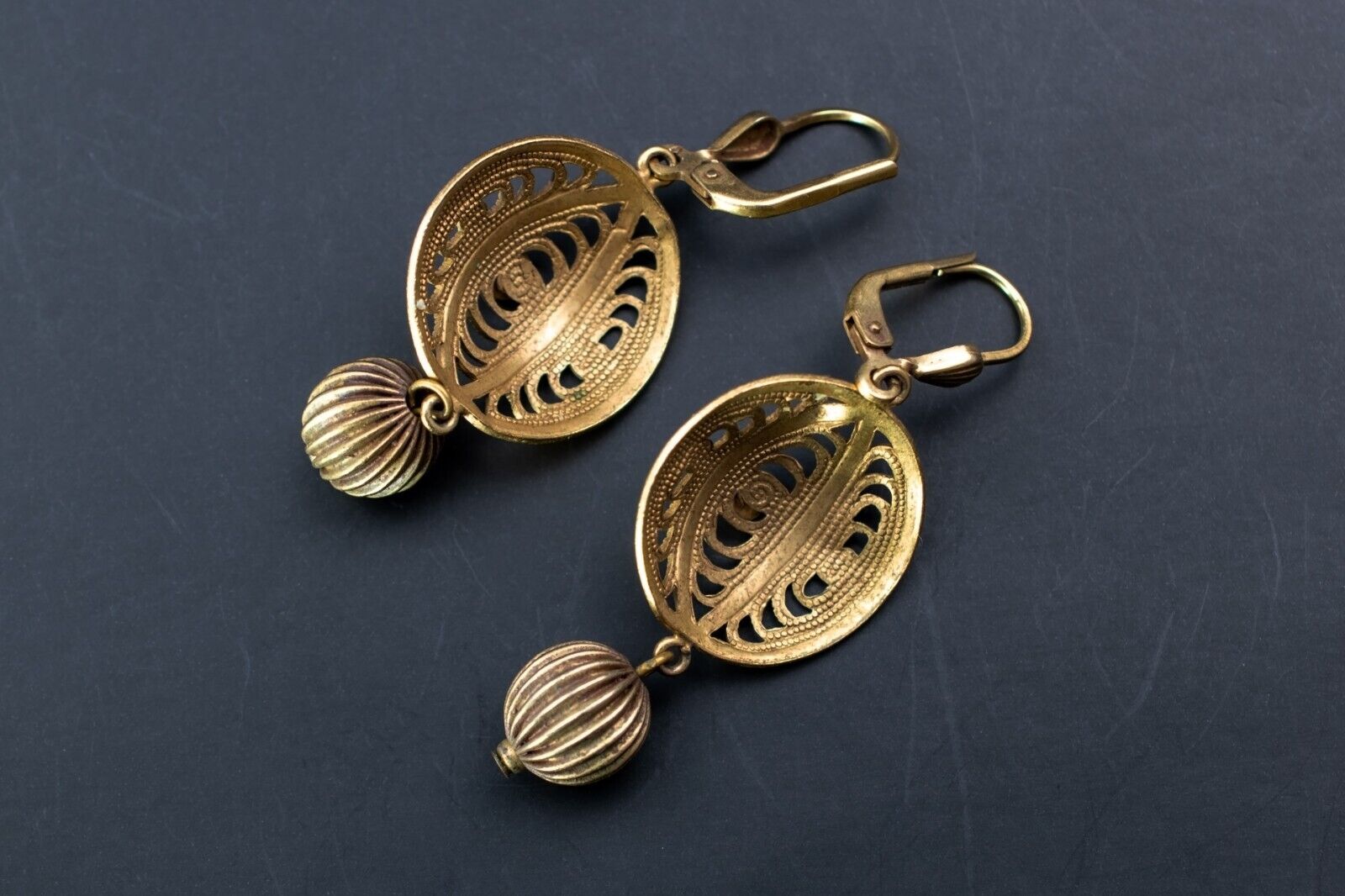 Gold filigree earrings dangle, fancy golden circl… - image 3