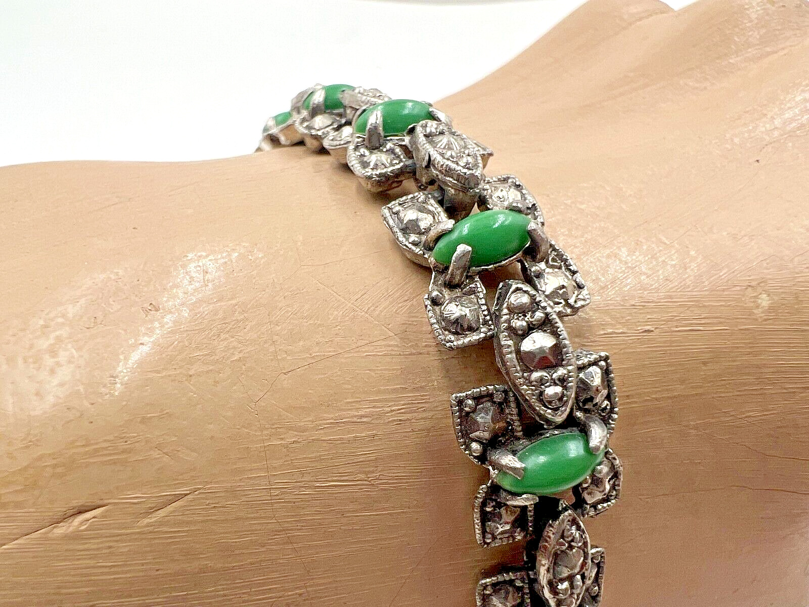 ANTIQUE ART DECO BRACELET GREEN JADE GLASS CABOCH… - image 10