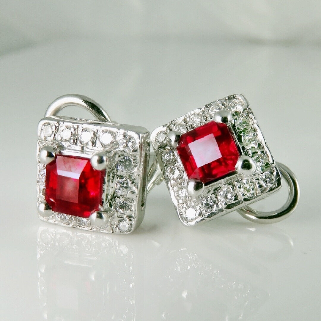 Natural Ruby Diamond Earrings 18K White Gold Squa… - image 4