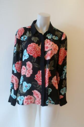 Womens CeCe Black Pink Aqua Floral Button Blouse T