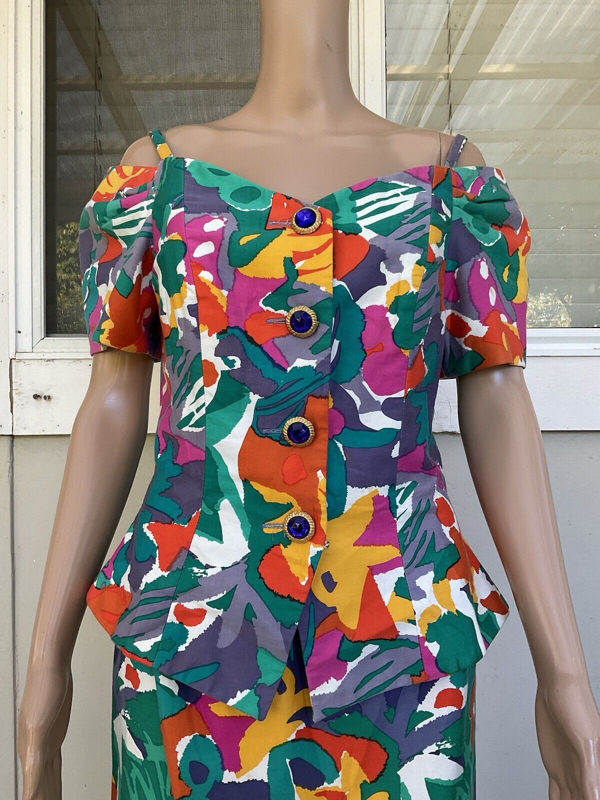 Vtg 80s A J Bari Vibrant Floral 2pc Cold Shoulder… - image 3