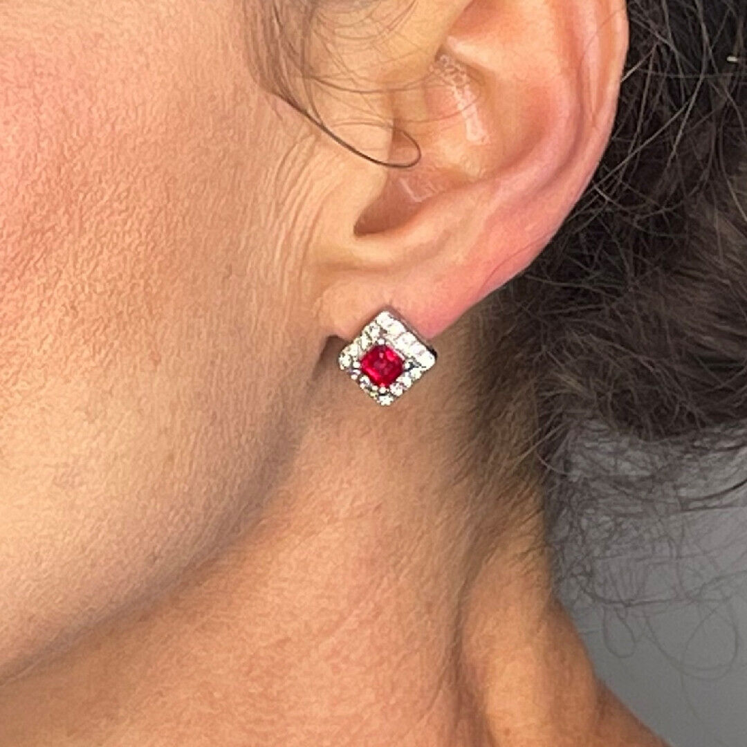 Natural Ruby Diamond Earrings 18K White Gold Squa… - image 3