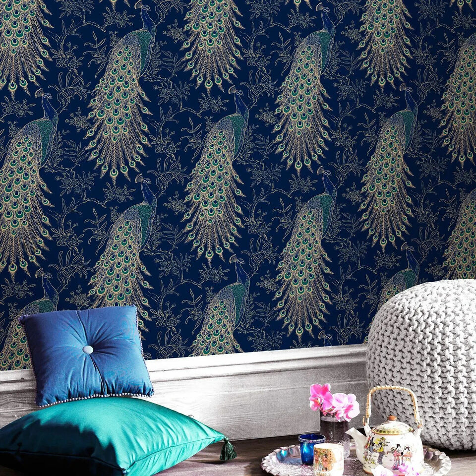 Rasch Portfolio Peacock Metallic Gold Exotic Birds Navy Blue Wallpaper ...