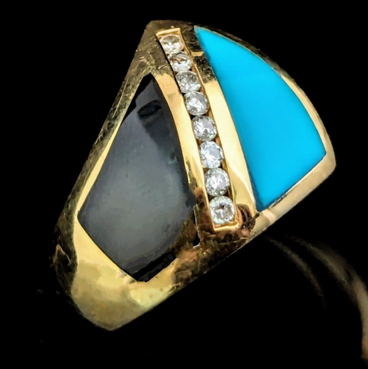 Vintage Diamond Turquoise Diamond 14k Yellow Gold… - image 3