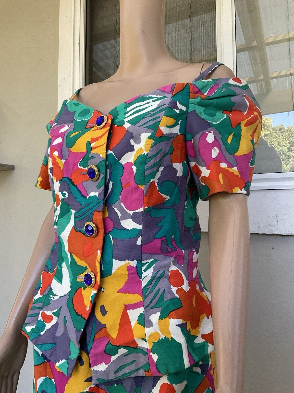 Vtg 80s A J Bari Vibrant Floral 2pc Cold Shoulder… - image 5