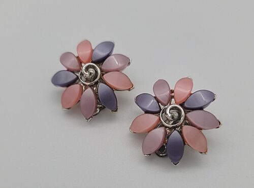 Vintage Silver Floral Clip-On Earrings Pastel Pin… - image 1