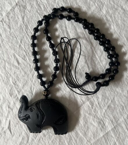 Vintage Carved Black Onyx  Elephant Necklace hand… - image 1