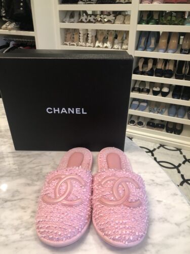 Chanel Pink Tweed Logo Mules Slippers Slides Sanda