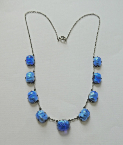 Blue Foiled Cabochon Art Deco Necklace Czech Open 