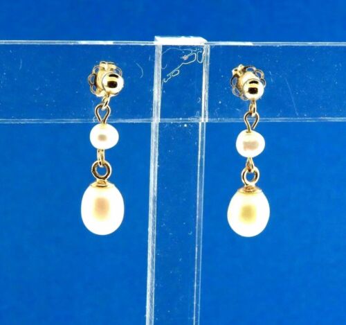 14K Yellow Gold Cultured Pearl Dangle Earrings - image 1