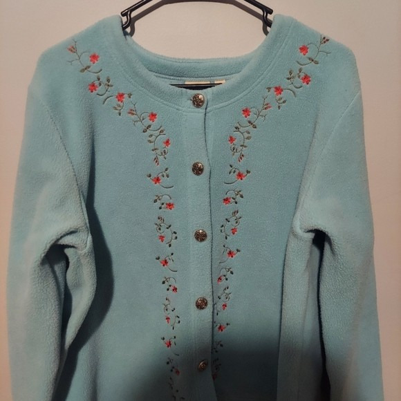 Vintage L.L. Bean Blue Fleece Cardigan L Floral E… - image 2