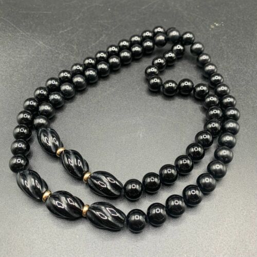 Black Onyx Necklace Beaded Long Strand 14K Gold S… - image 1