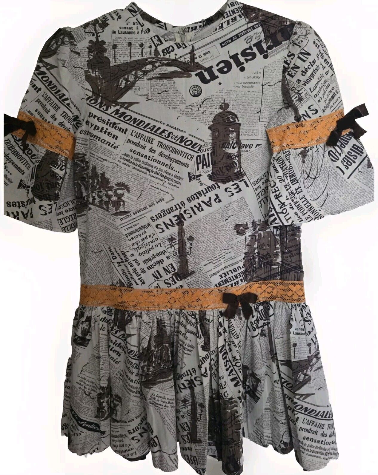 RARE Vtg Newspaper Print Dress Youth 14-16 Handcr… - image 1